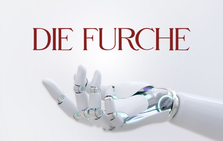 DIE FURCHE logo and robotic hand reaching out to new readers.