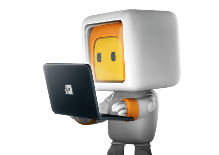 Showcasing STRG mascot Yuri, holding a laptop and searching through the web. Decorative image as part of the CTA