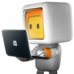 Showcasing STRG mascot Yuri, holding a laptop and searching through the web. Decorative image as part of the CTA