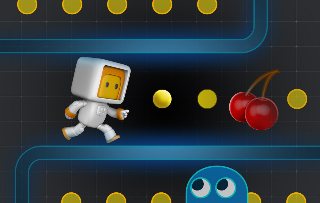 Reinforcement Learning and Natural Language Processing applications shown as a modern pac-man chasing knowledge in a game.